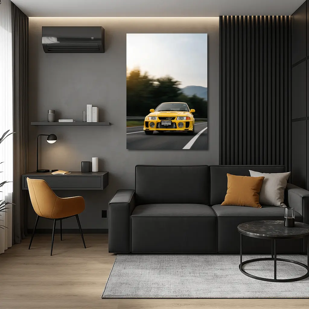 Yellow Mitsubishi Lancer Evolution On Mountain Road – Wall Art
