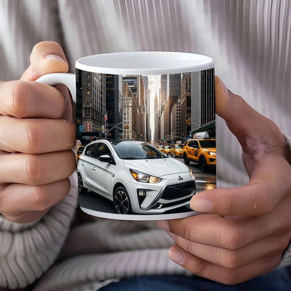 Mitsubishi Mirage White Car New York City – Mugs