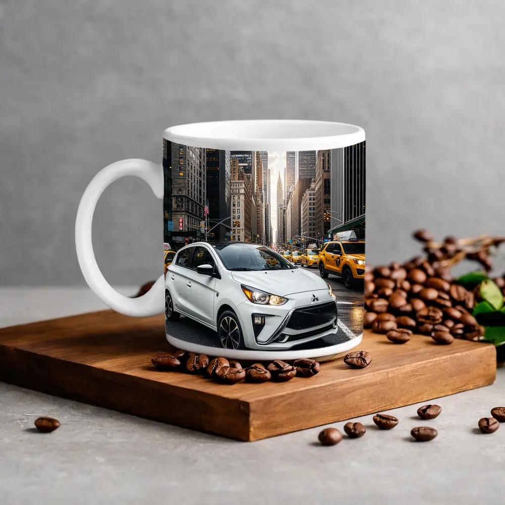 Mitsubishi Mirage White Car New York City – Mugs