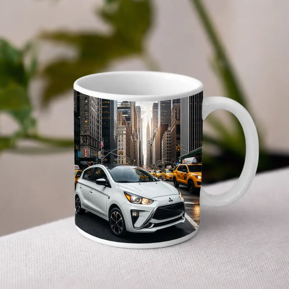 Mitsubishi Mirage White Car New York City – Mugs