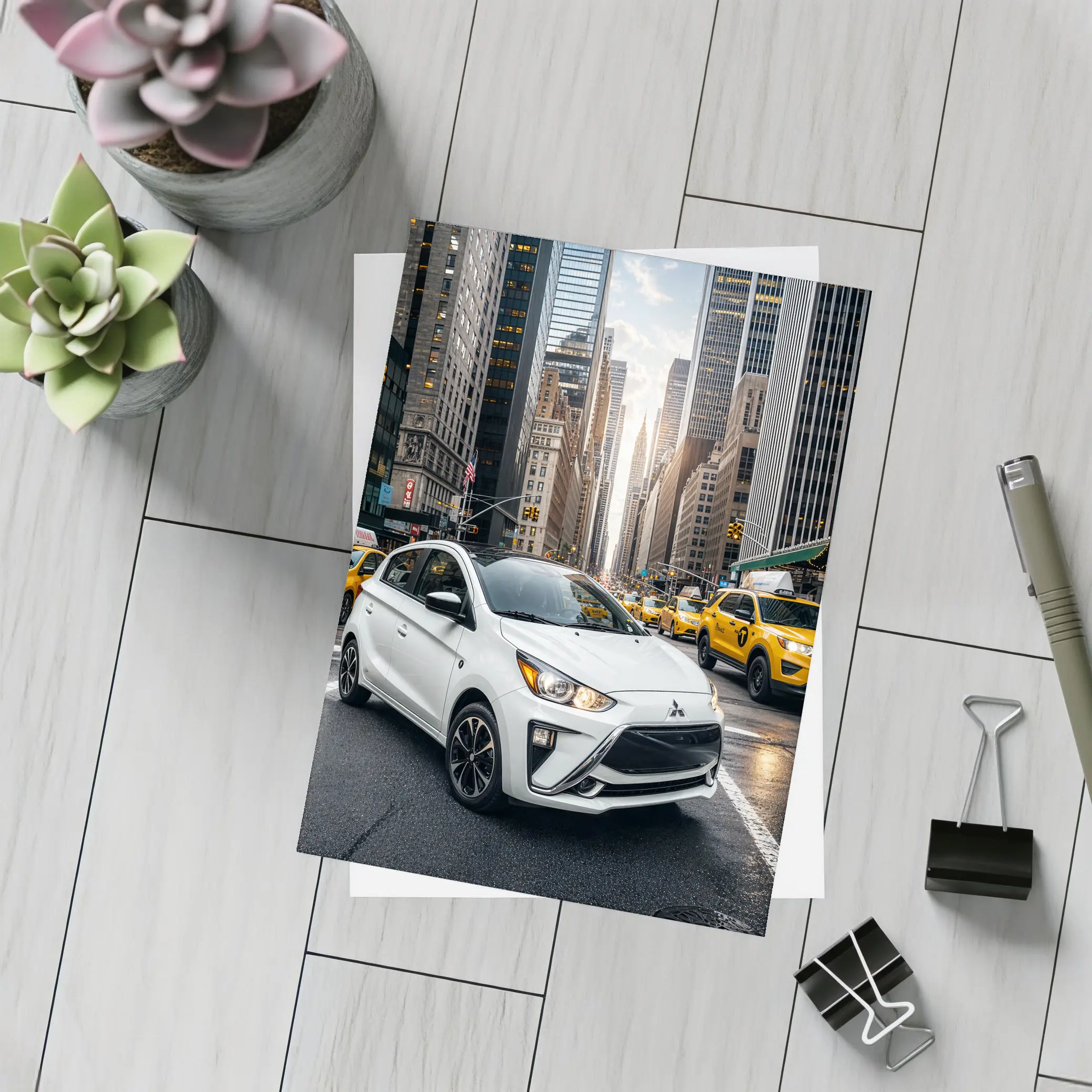 Mitsubishi Mirage White Car New York City – Postcards