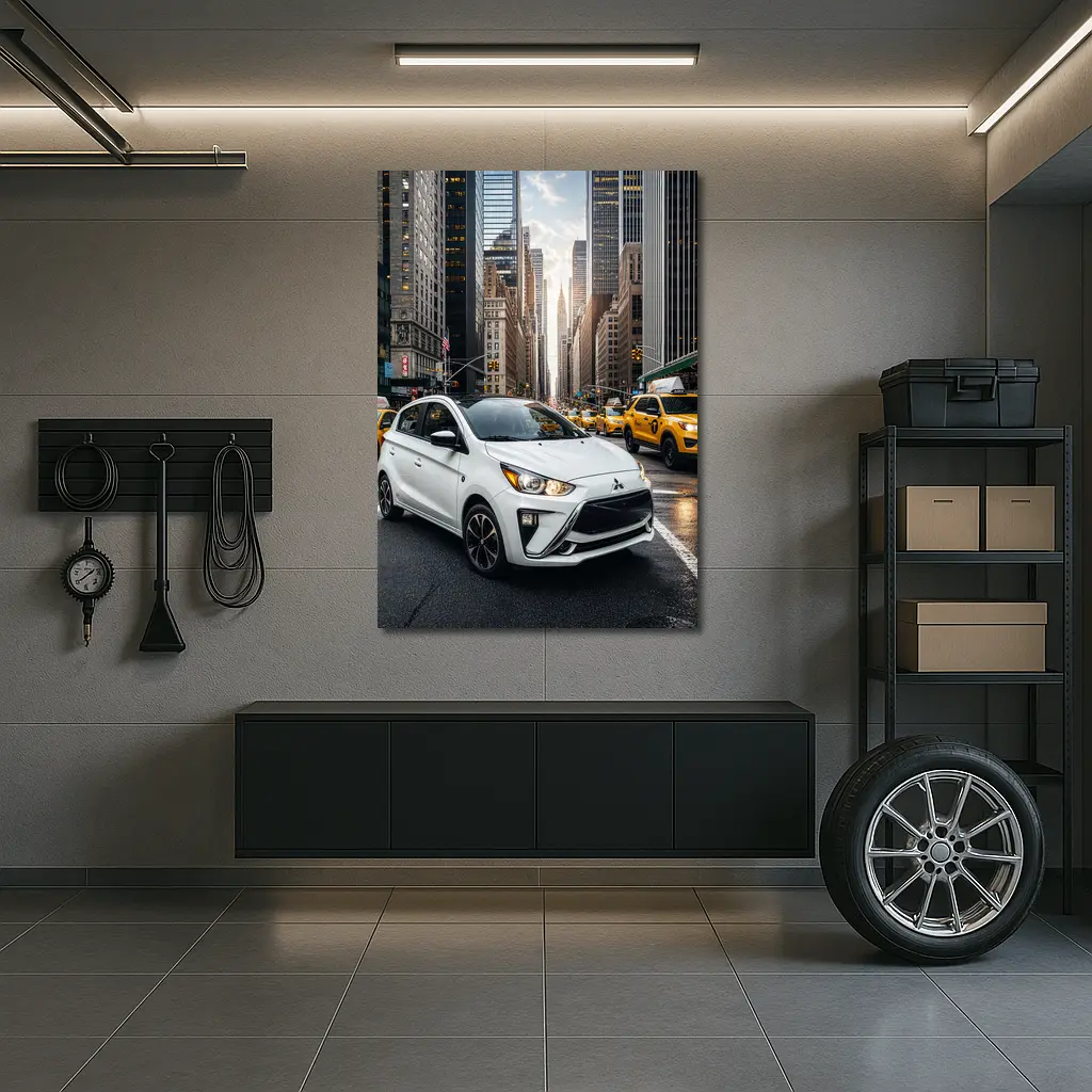 Mitsubishi Mirage White Car New York City – Wall Art