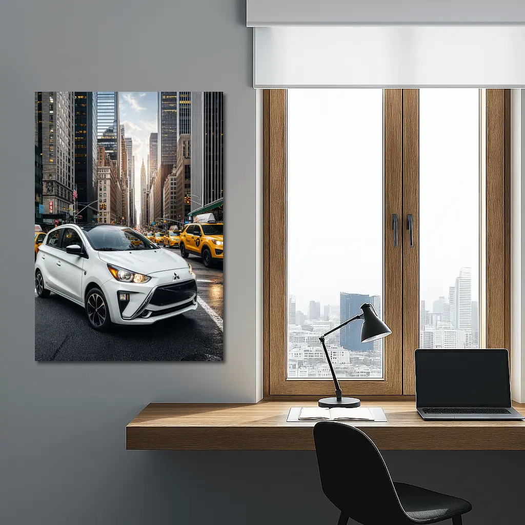 Mitsubishi Mirage White Car New York City – Wall Art