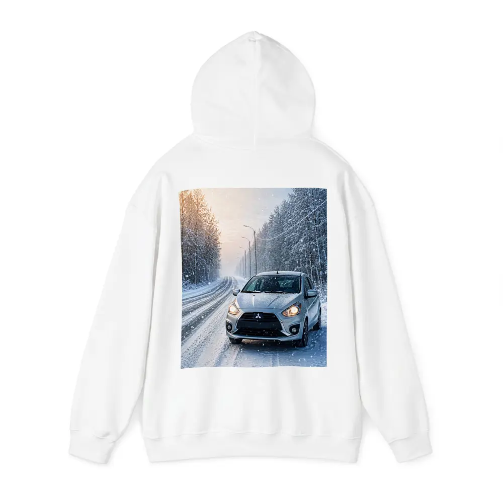 Mitsubishi Mirage Silver Car Snowy Winter Road – Hoodies