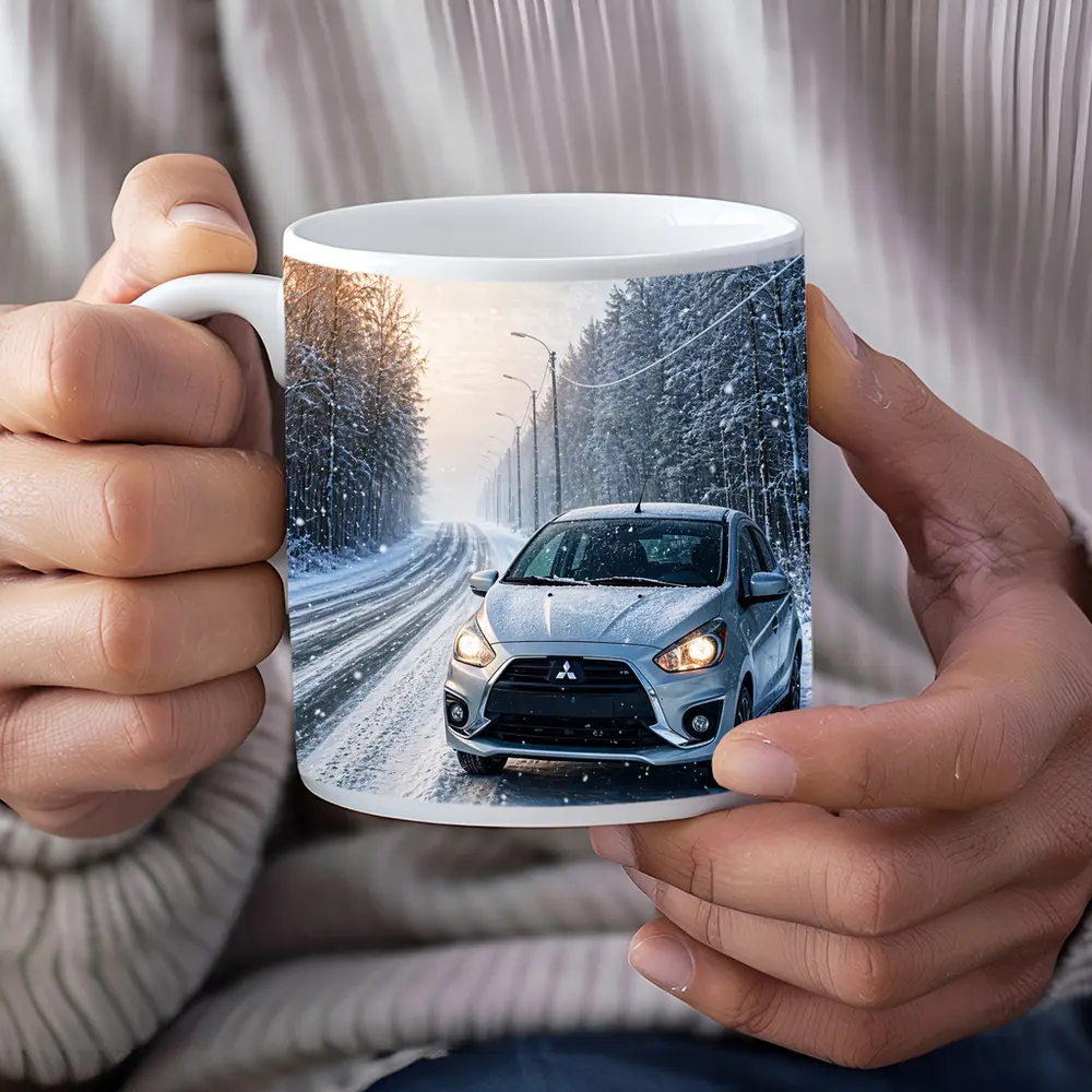 Mitsubishi Mirage Silver Car Snowy Winter Road – Mugs