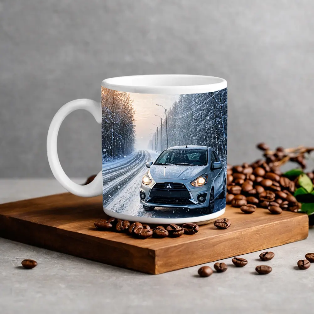 Mitsubishi Mirage Silver Car Snowy Winter Road – Mugs