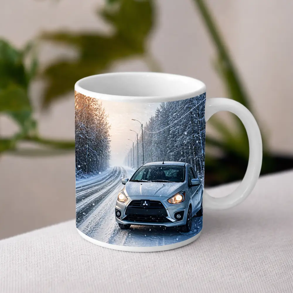 Mitsubishi Mirage Silver Car Snowy Winter Road – Mugs