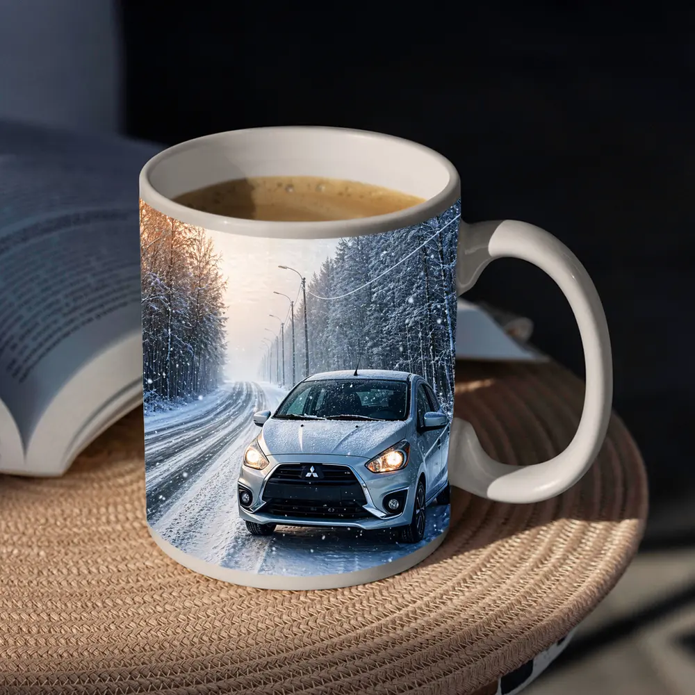 Mitsubishi Mirage Silver Car Snowy Winter Road – Mugs