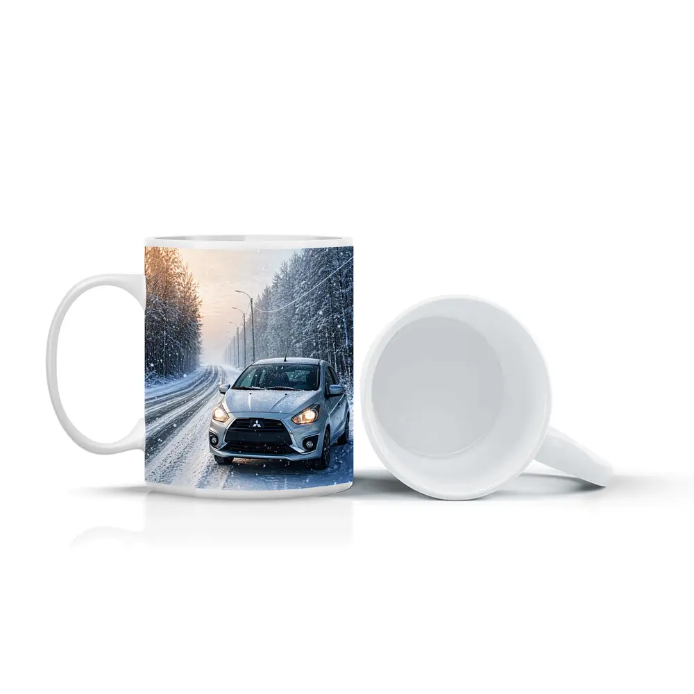 Mitsubishi Mirage Silver Car Snowy Winter Road – Mugs