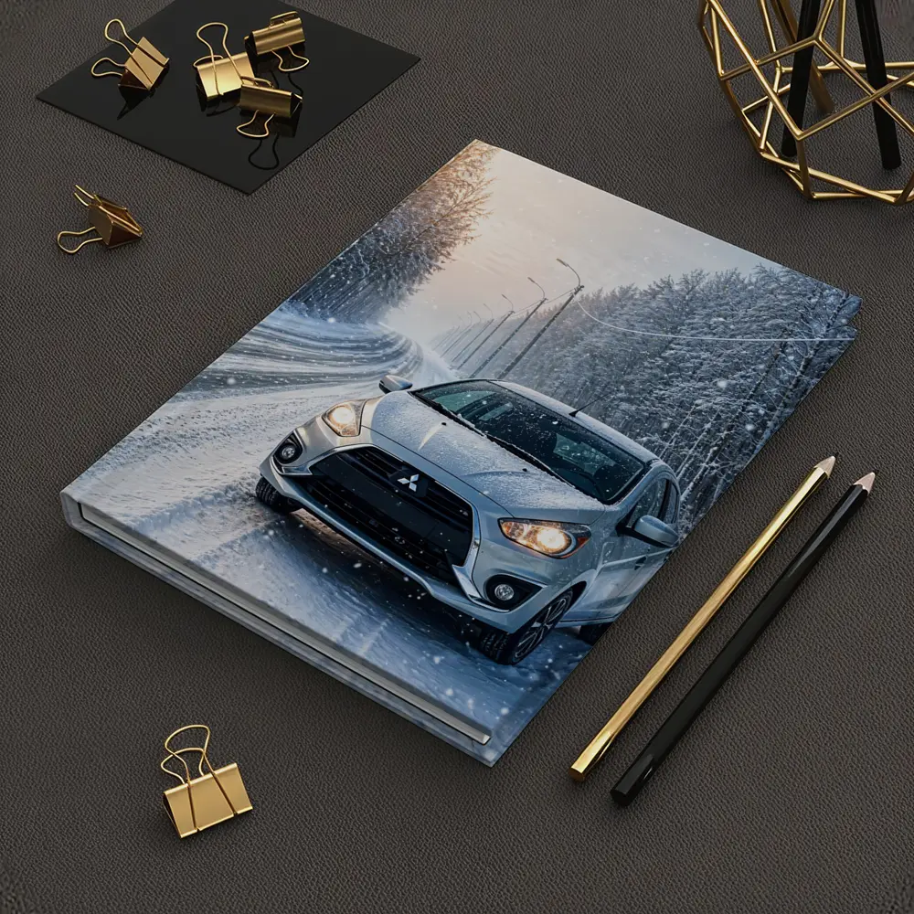 Mitsubishi Mirage Silver Car Snowy Winter Road – Notebooks
