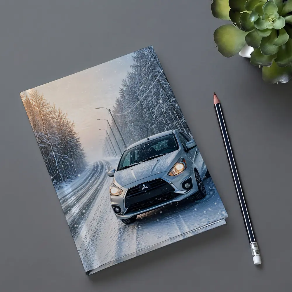 Mitsubishi Mirage Silver Car Snowy Winter Road – Notebooks