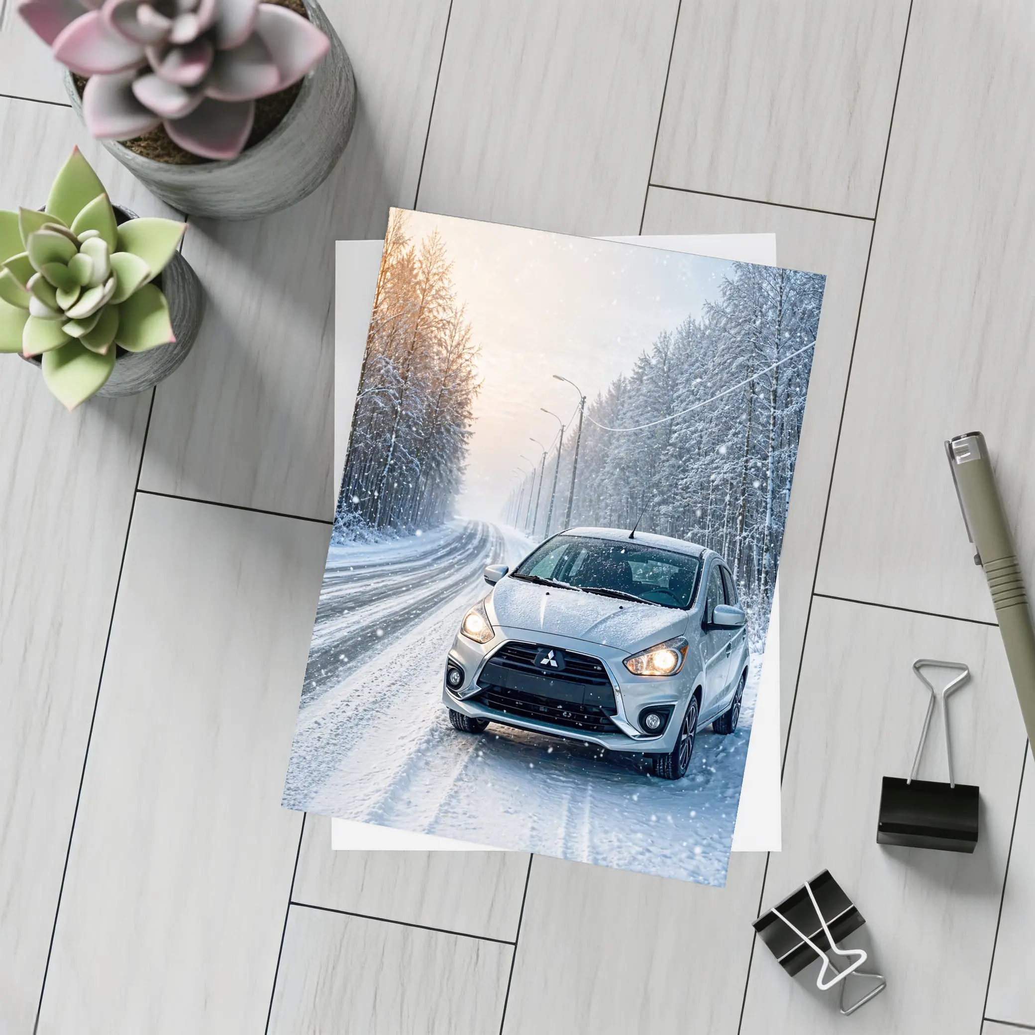 Mitsubishi Mirage Silver Car Snowy Winter Road – Postcards