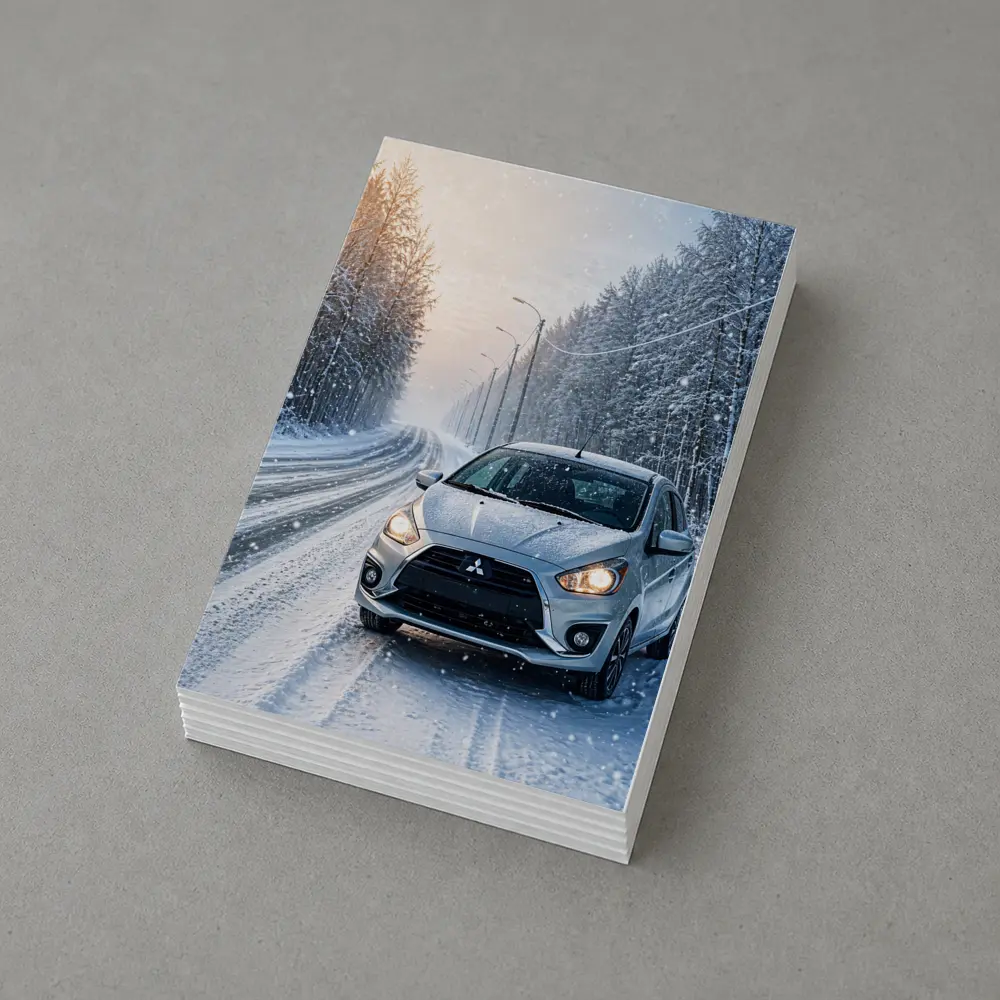 Mitsubishi Mirage Silver Car Snowy Winter Road – Postcards