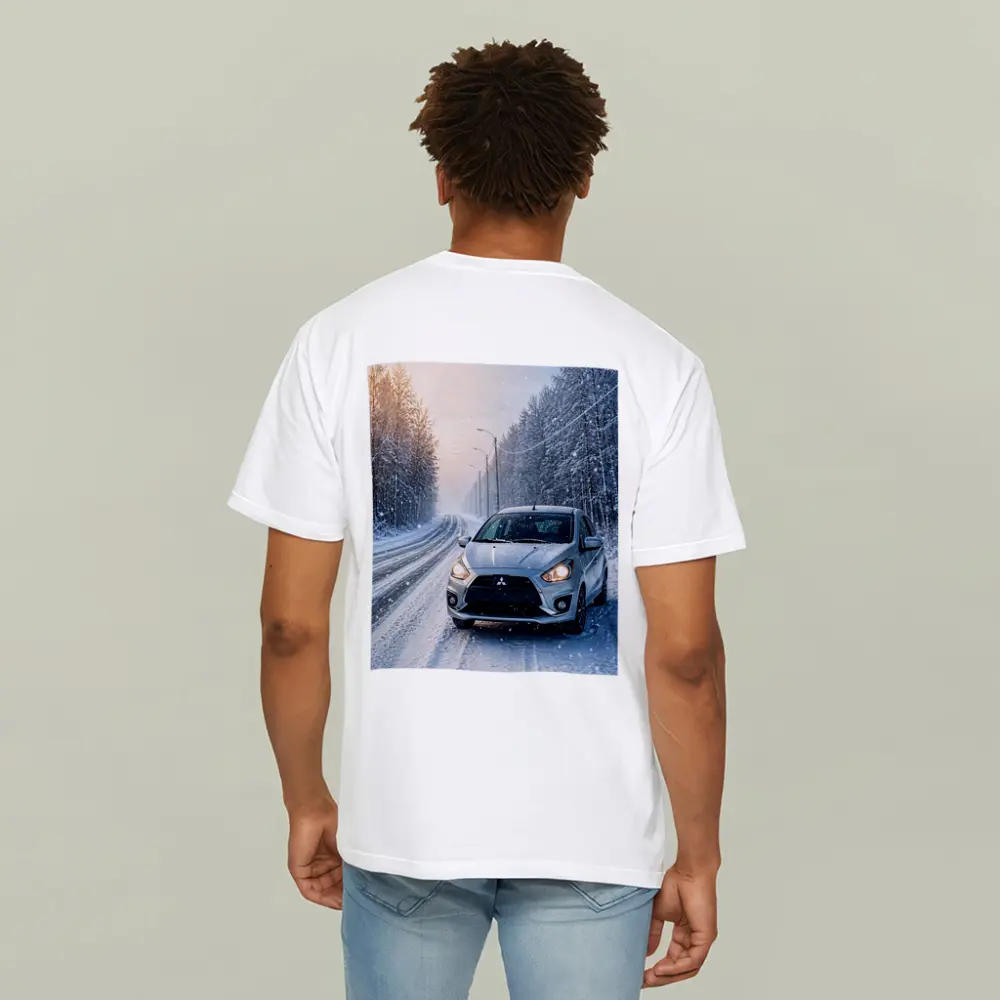 Mitsubishi Mirage Silver Car Snowy Winter Road – T-Shirts