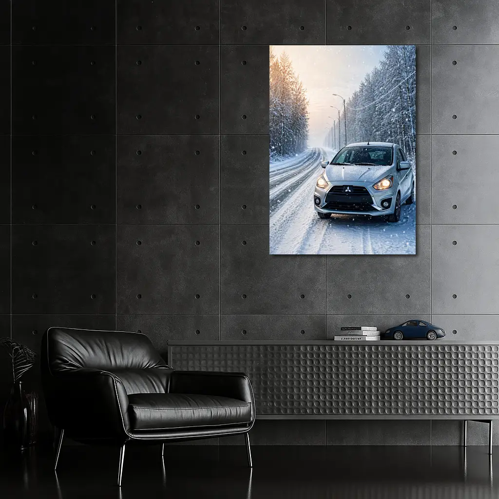 Mitsubishi Mirage Silver Car Snowy Winter Road – Wall Art