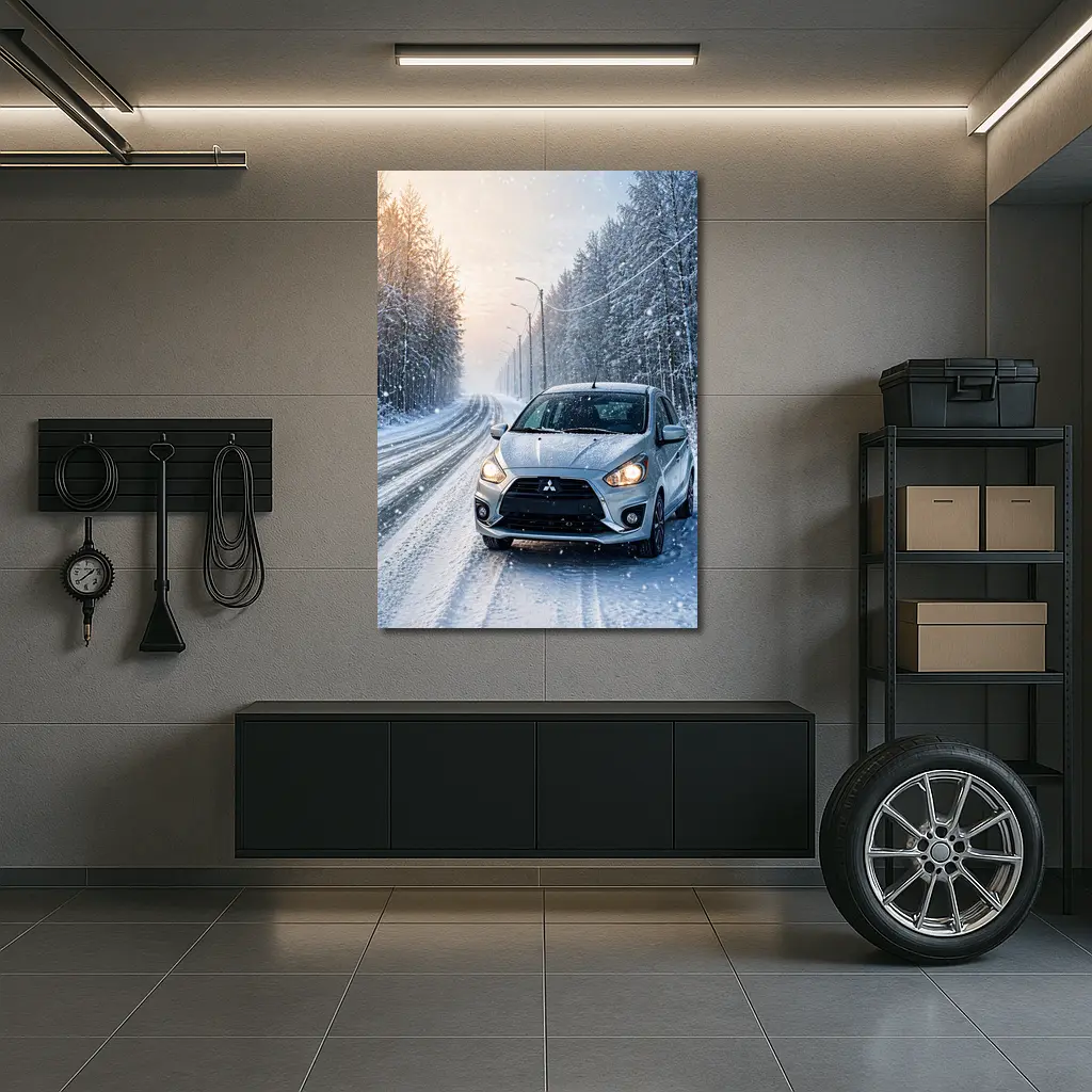 Mitsubishi Mirage Silver Car Snowy Winter Road – Wall Art