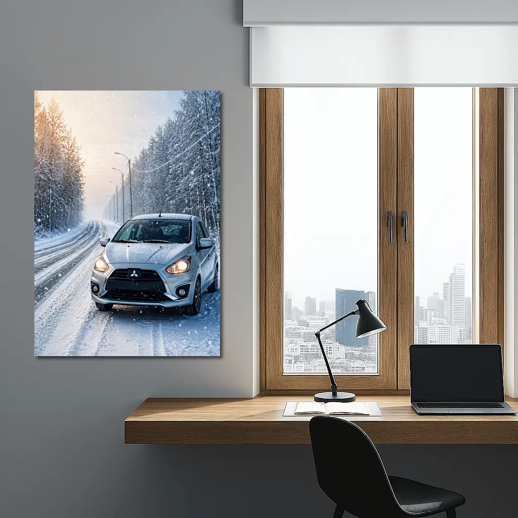 Mitsubishi Mirage Silver Car Snowy Winter Road – Wall Art