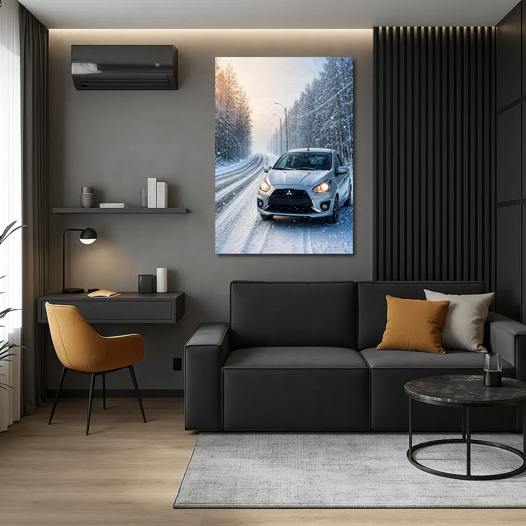 Mitsubishi Mirage Silver Car Snowy Winter Road – Wall Art