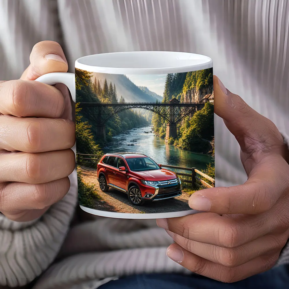 Mitsubishi Outlander Red SUV Mountain River Bridge – Mugs