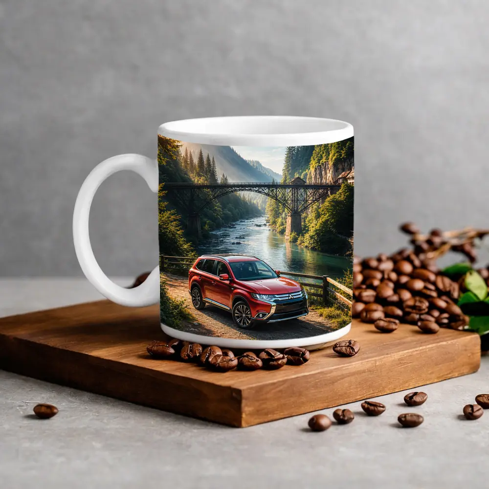 Mitsubishi Outlander Red SUV Mountain River Bridge – Mugs