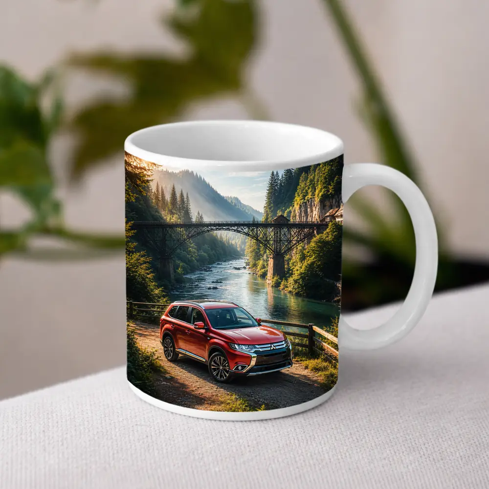 Mitsubishi Outlander Red SUV Mountain River Bridge – Mugs