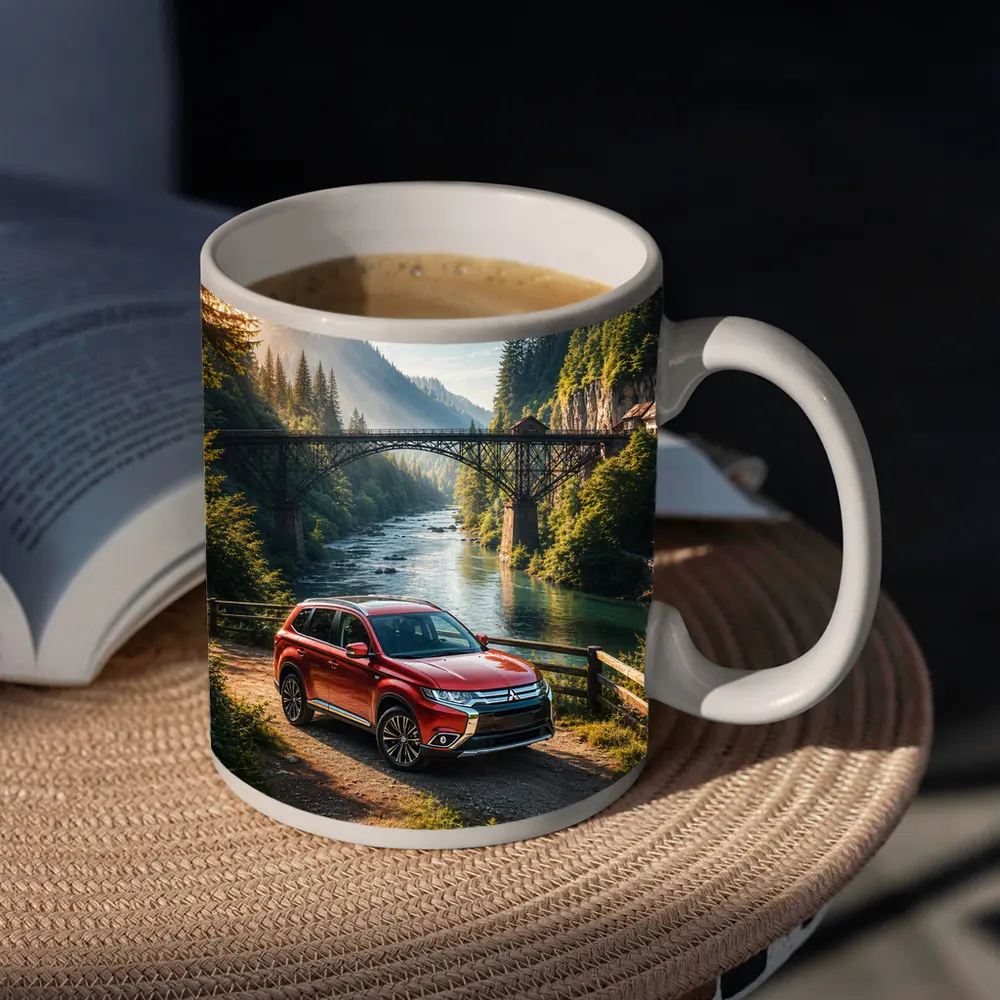 Mitsubishi Outlander Red SUV Mountain River Bridge – Mugs