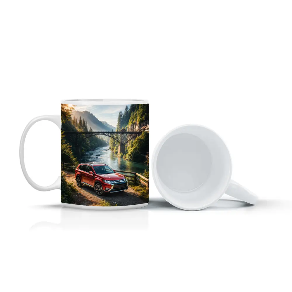 Mitsubishi Outlander Red SUV Mountain River Bridge – Mugs