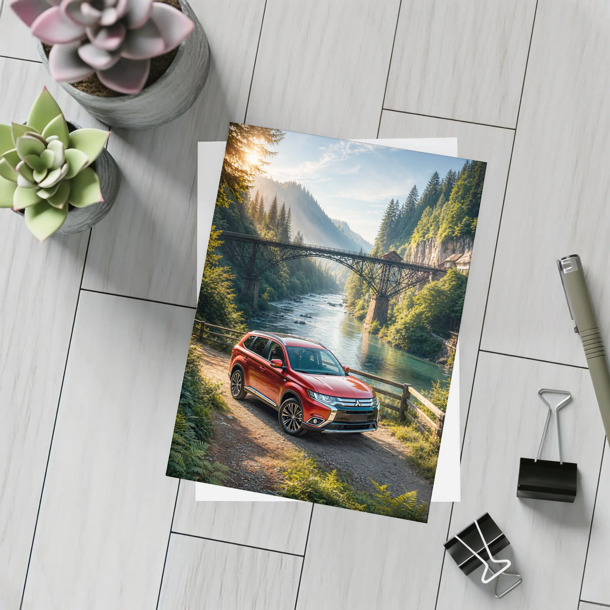 Mitsubishi Outlander Red SUV Mountain River Bridge – Postcards