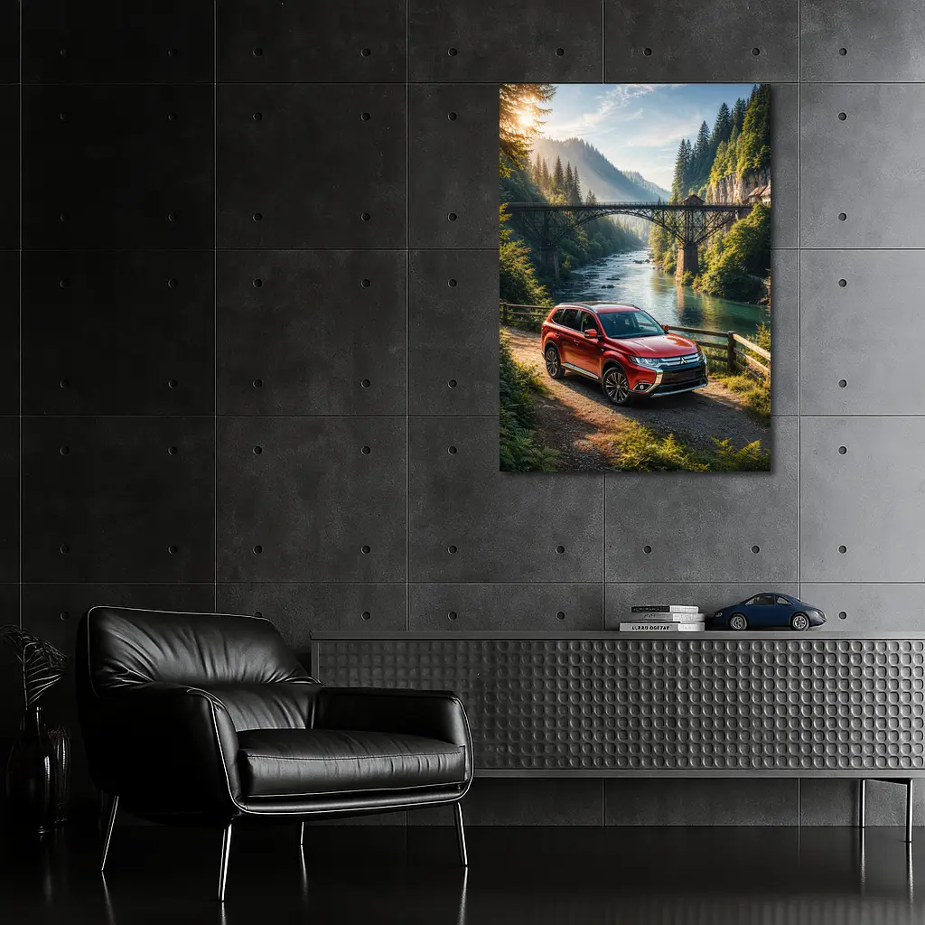Mitsubishi Outlander Red SUV Mountain River Bridge – Wall Art