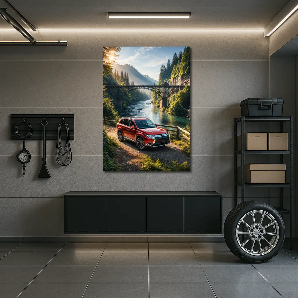Mitsubishi Outlander Red SUV Mountain River Bridge – Wall Art