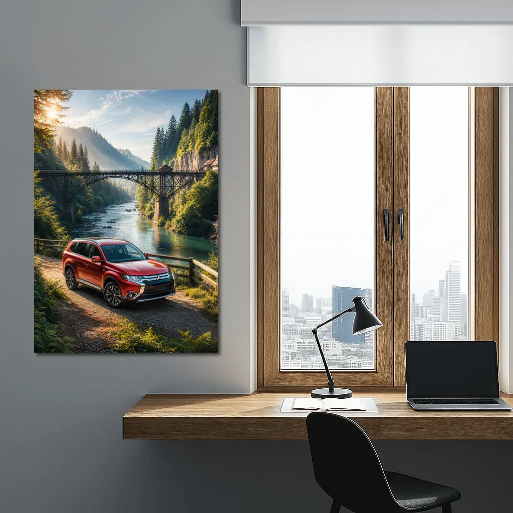 Mitsubishi Outlander Red SUV Mountain River Bridge – Wall Art
