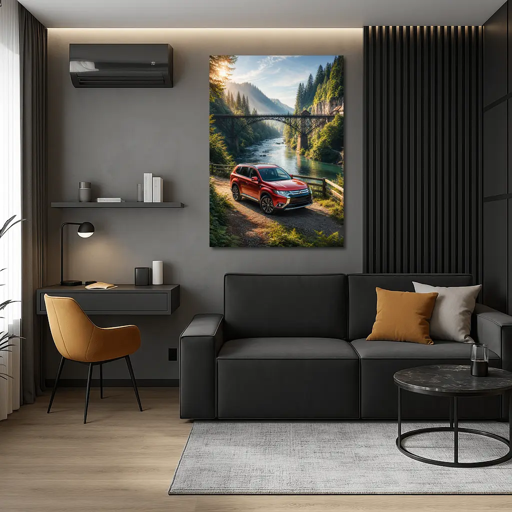 Mitsubishi Outlander Red SUV Mountain River Bridge – Wall Art