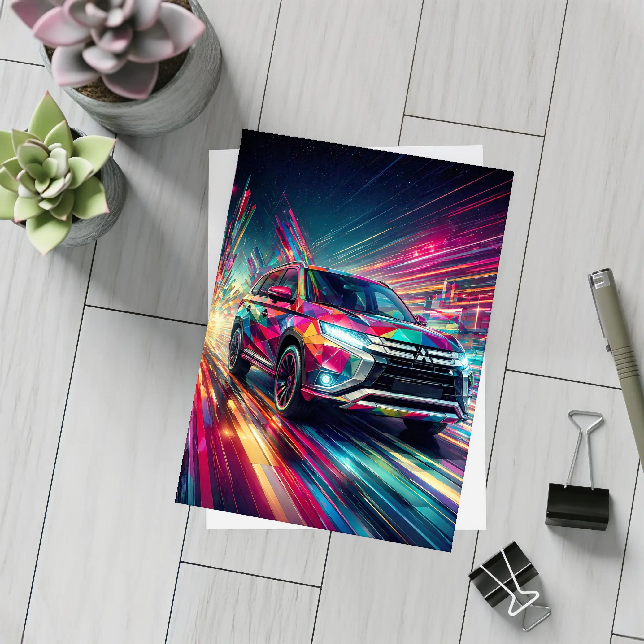 Mitsubishi Outlander SUV Colorful Neon Speed Art – Postcards