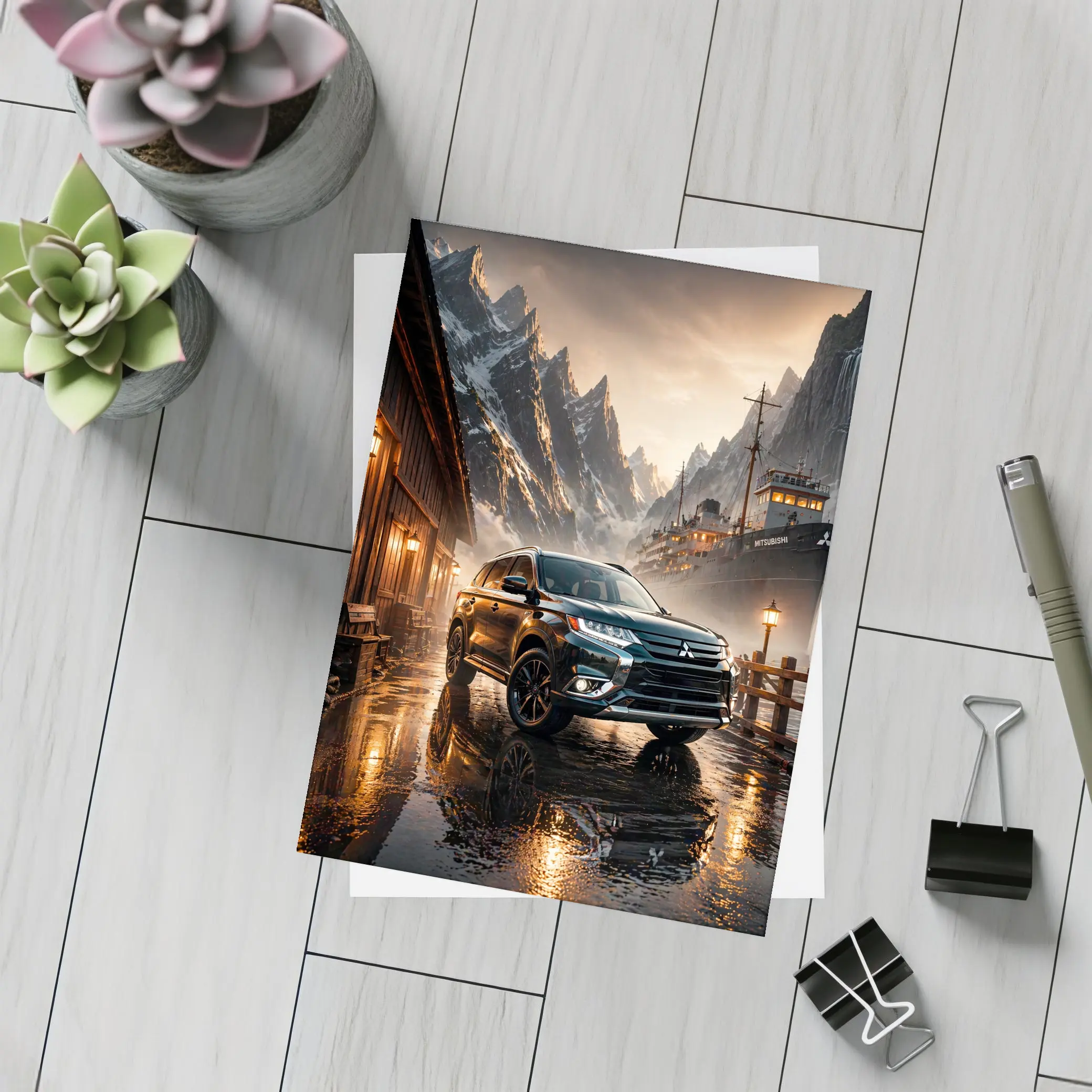 Mitsubishi Outlander SUV Rainy Mountain Dock – Postcards