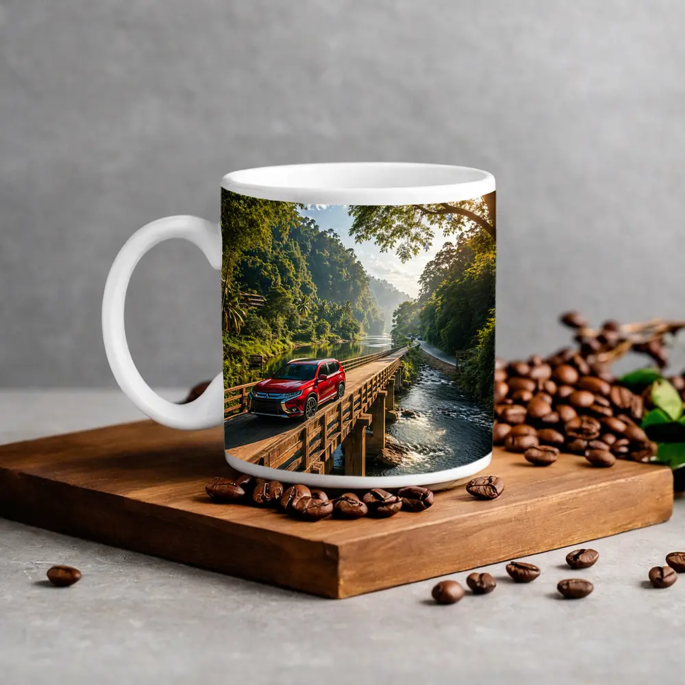 Mitsubishi Outlander SUV On Jungle Bridge – Mugs