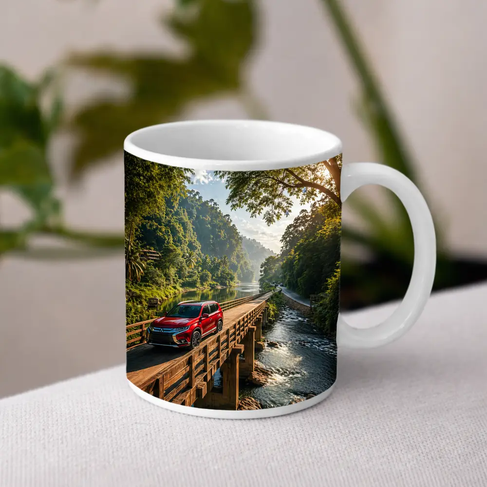Mitsubishi Outlander SUV On Jungle Bridge – Mugs