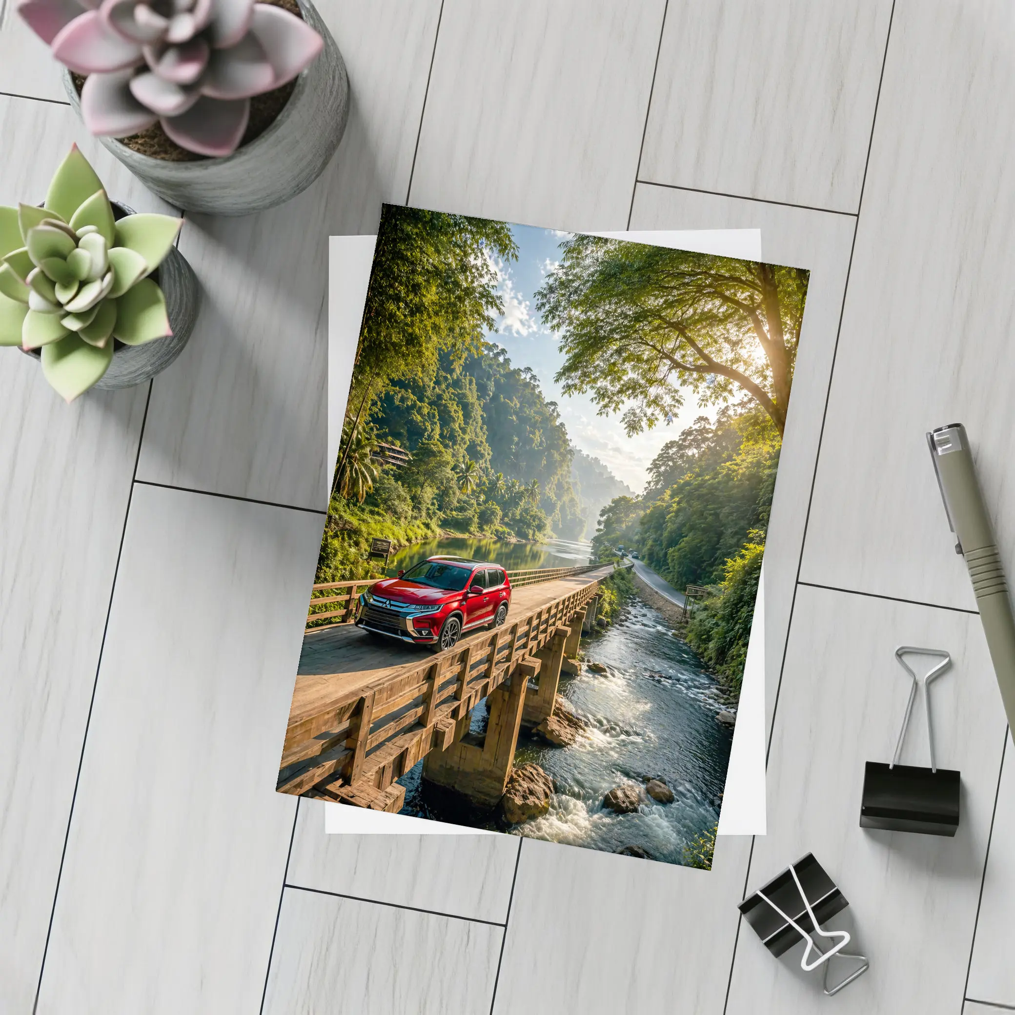 Mitsubishi Outlander SUV On Jungle Bridge – Postcards