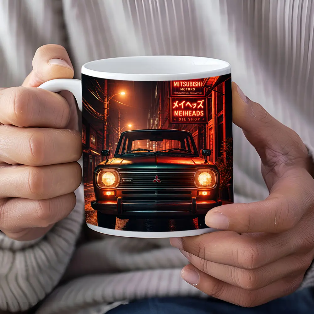 Mitsubishi Classic Car Neon Night Street – Mugs