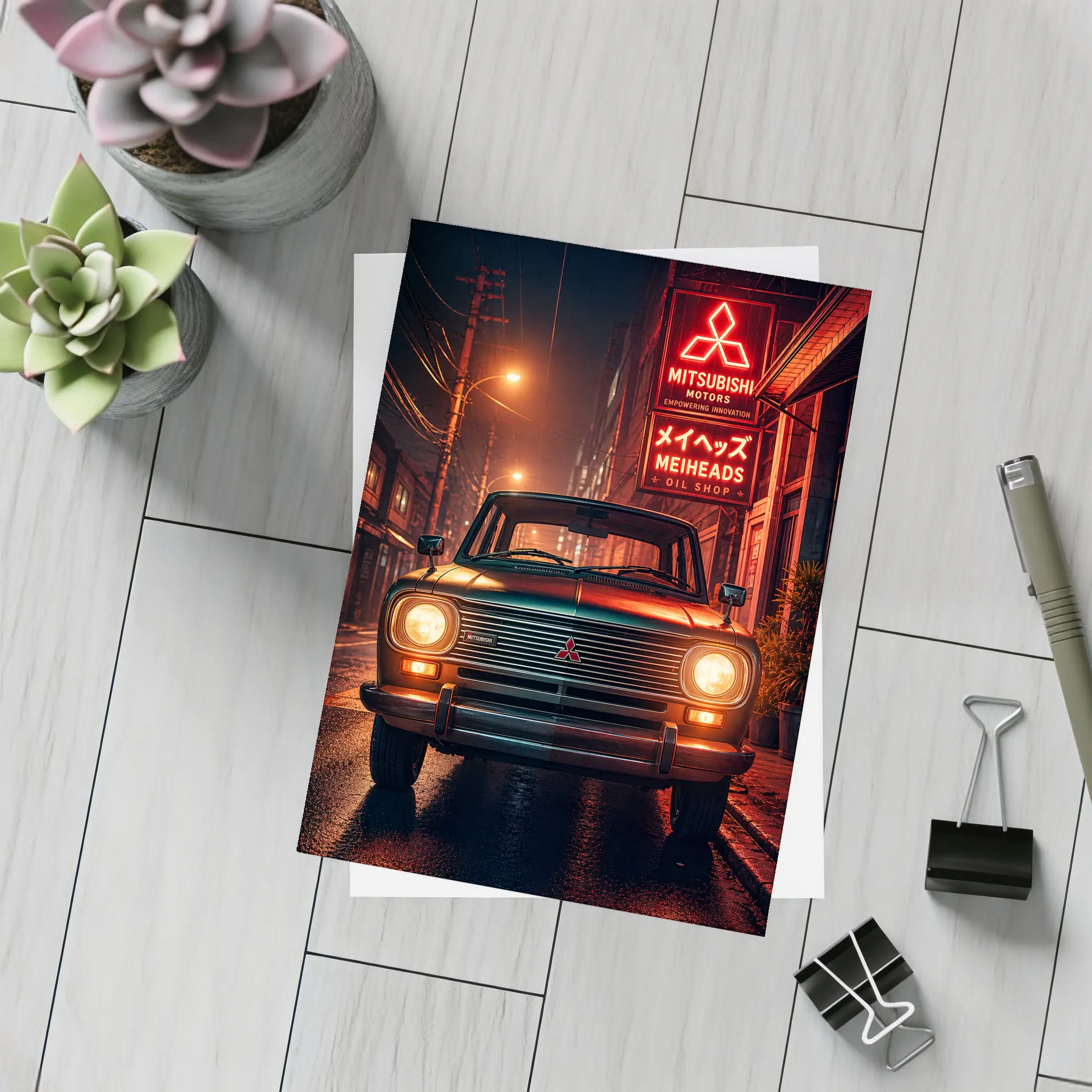 Mitsubishi Classic Car Neon Night Street – Postcards