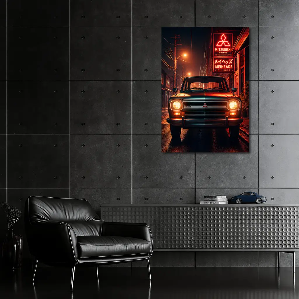 Mitsubishi Classic Car Neon Night Street – Wall Art