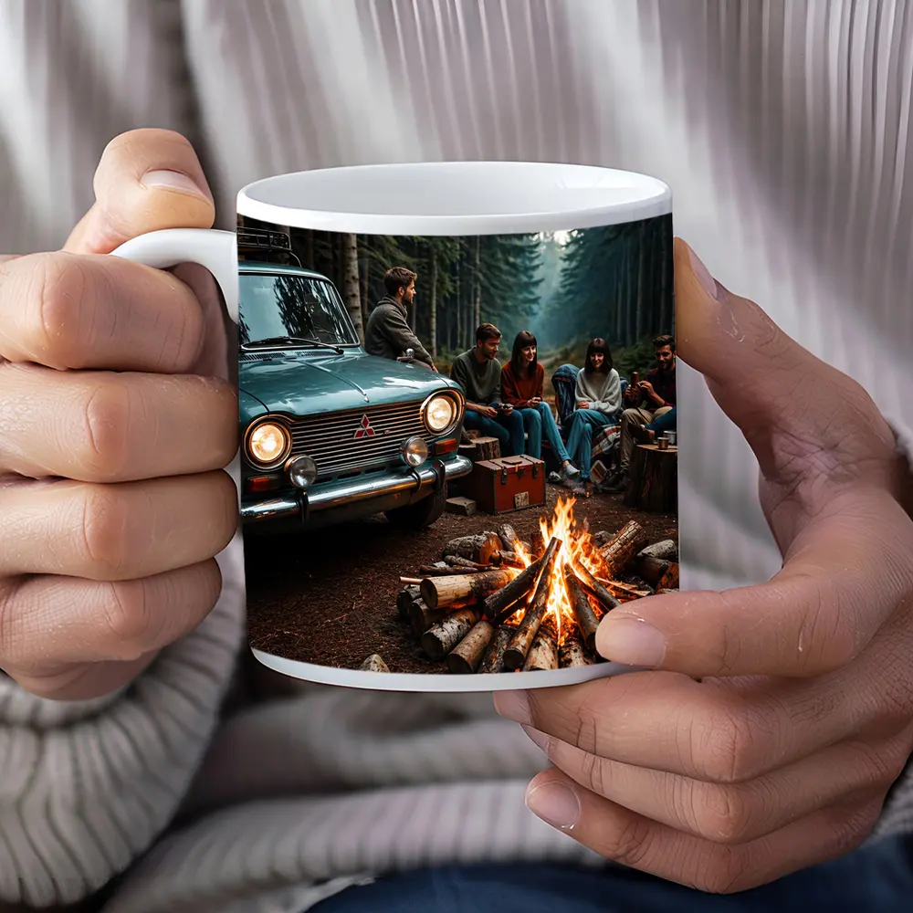Mitsubishi Classic Car Forest Campfire Friends – Mugs