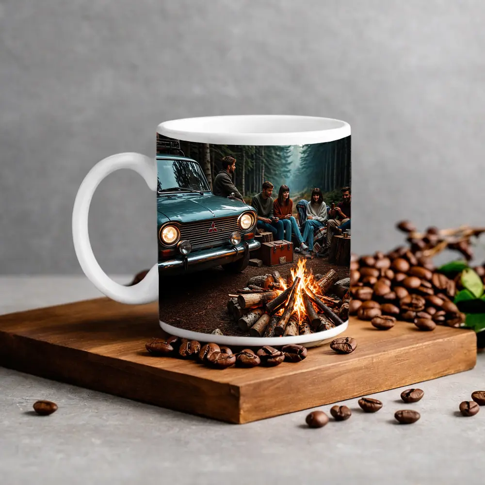 Mitsubishi Classic Car Forest Campfire Friends – Mugs