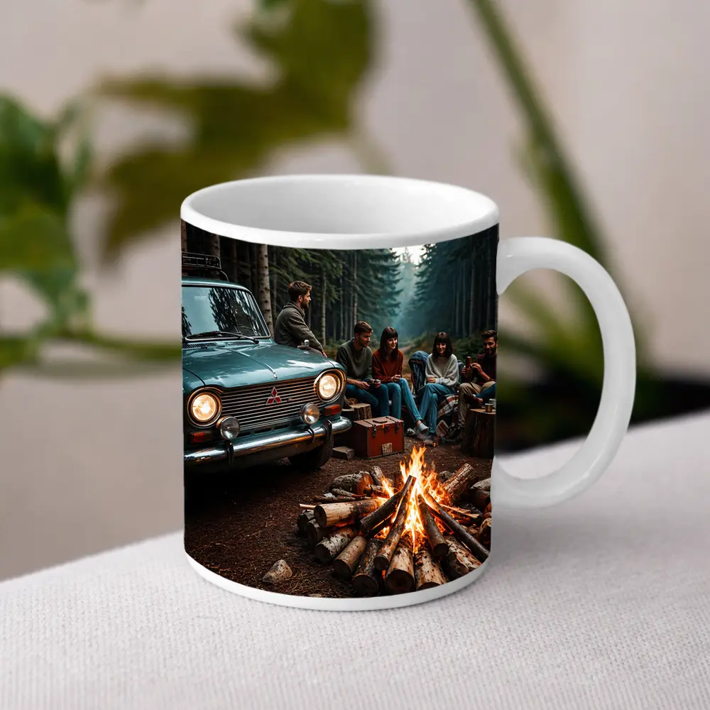 Mitsubishi Classic Car Forest Campfire Friends – Mugs