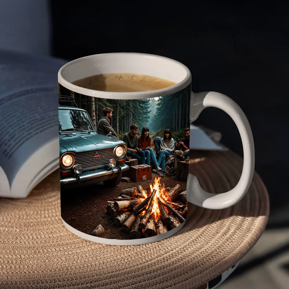 Mitsubishi Classic Car Forest Campfire Friends – Mugs