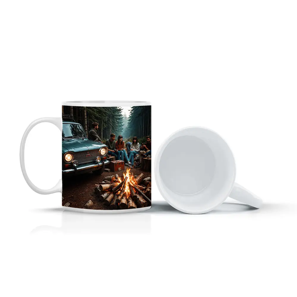 Mitsubishi Classic Car Forest Campfire Friends – Mugs