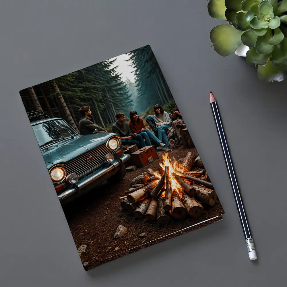 Mitsubishi Classic Car Forest Campfire Friends – Notebooks