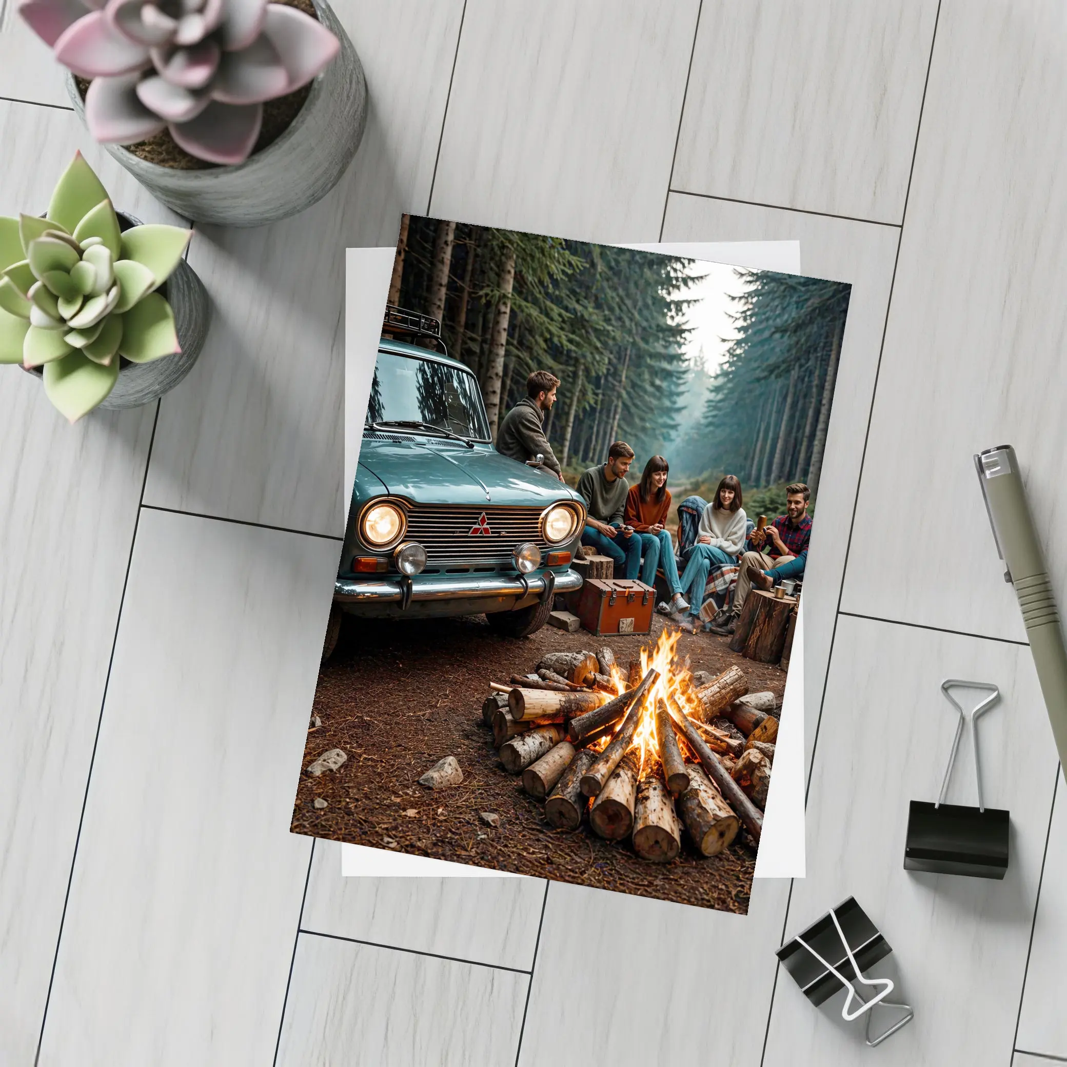 Mitsubishi Classic Car Forest Campfire Friends – Postcards