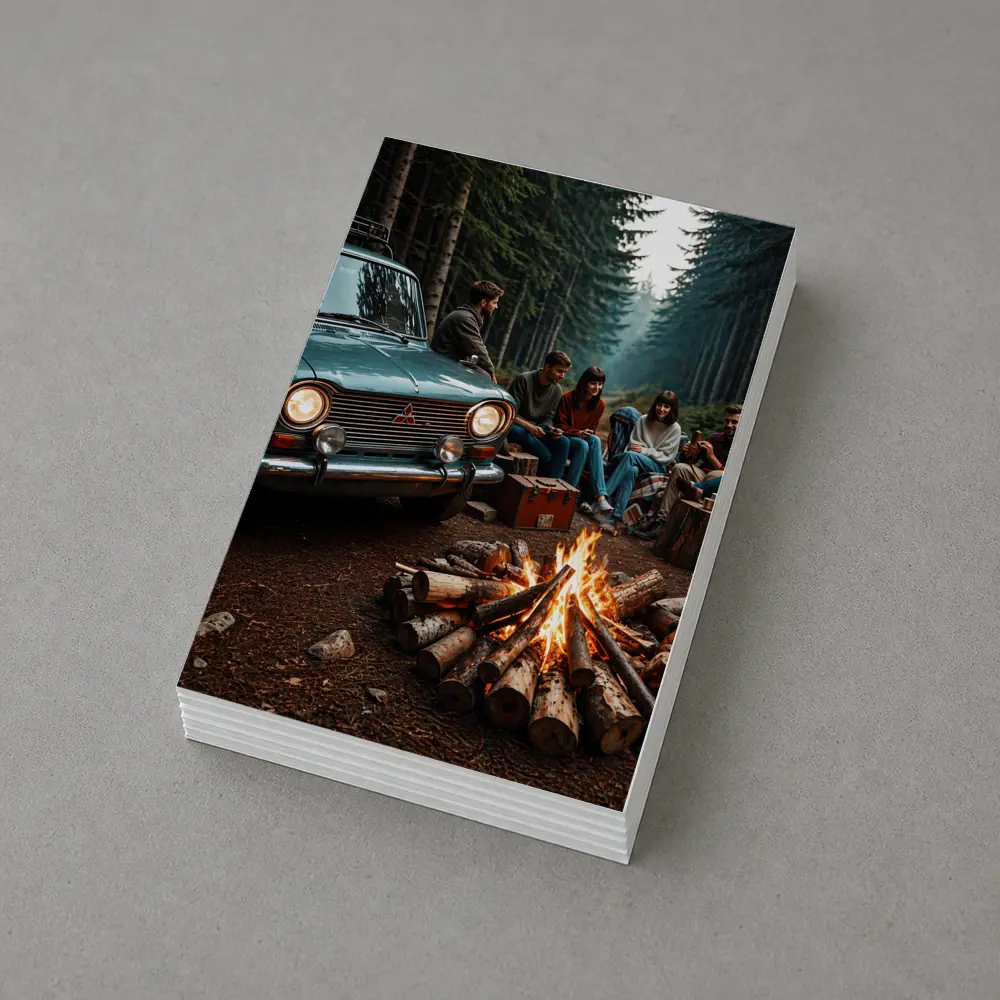 Mitsubishi Classic Car Forest Campfire Friends – Postcards