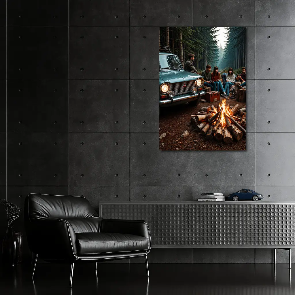 Mitsubishi Classic Car Forest Campfire Friends – Wall Art