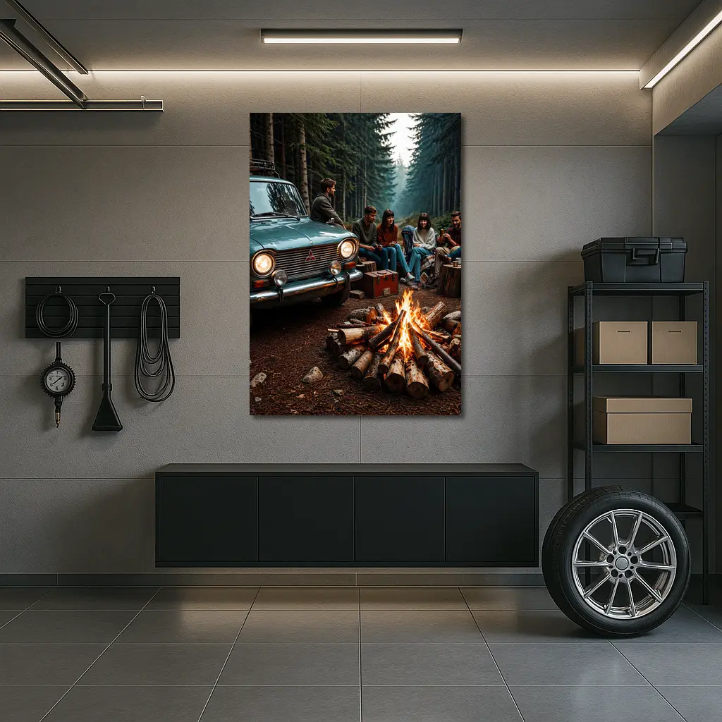 Mitsubishi Classic Car Forest Campfire Friends – Wall Art